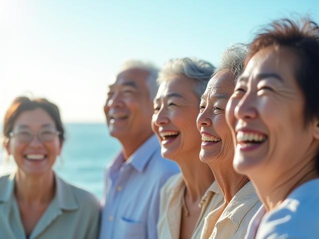 바닷가에서 밝게 웃는 중년 그룹