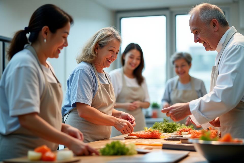 사람들이 웃으며 요리를 배우는 해산물 쿠킹 클래스 현장
